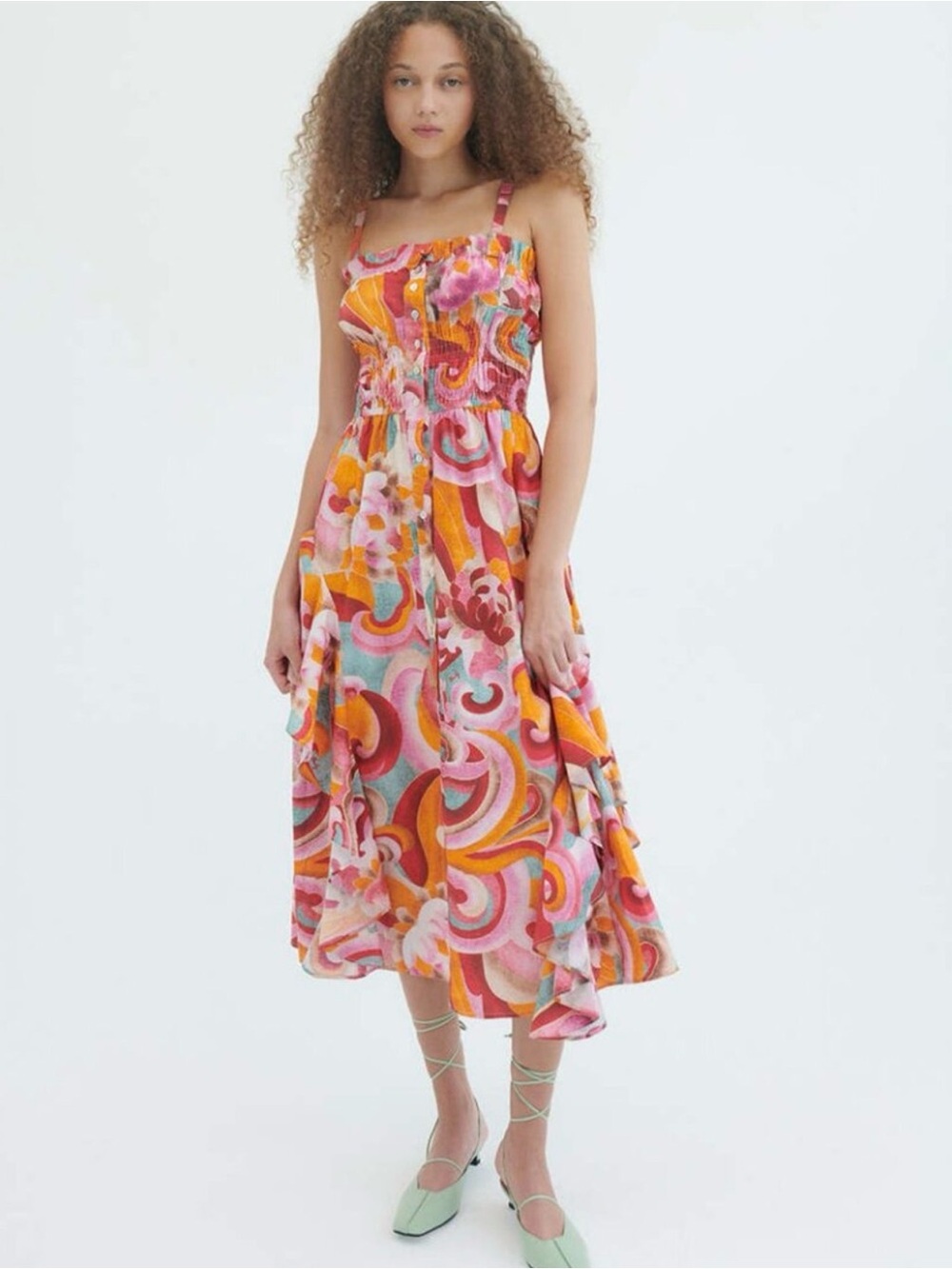 Chufy Tau Dress Multicolor Retro Floral Midi Sundress with Ruffles Button H13